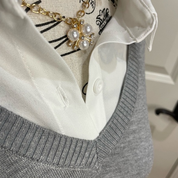 Adrianna Papell Gray V-Neck Sweater Vest with White Shirt - Picture 4 of 9